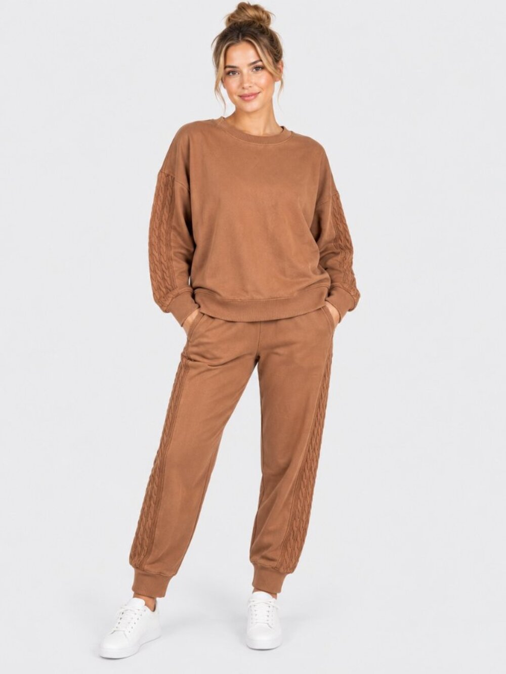 Aerie Women’s Medium Brown Cable Knit Sleeve Sweatshirt Jogger Set 2 Pc Cozy